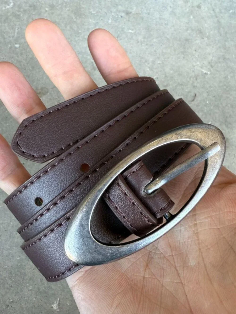 Dark Brown Leather-Look Belt with Single-Prong With Adjustment Holes Buckle